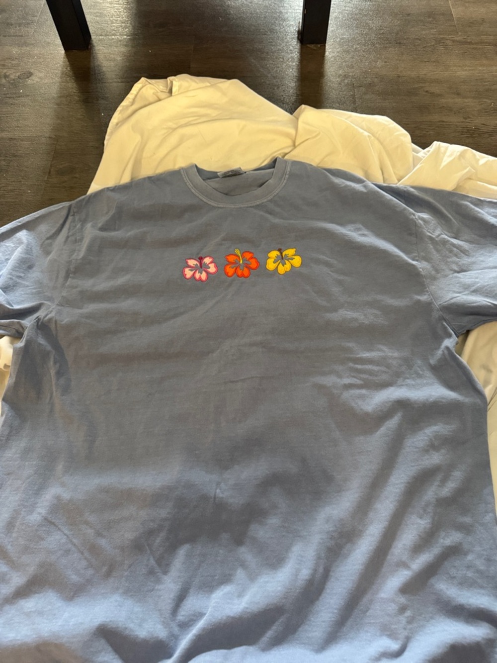 Light Blue Tee with Three Floral Embroideries